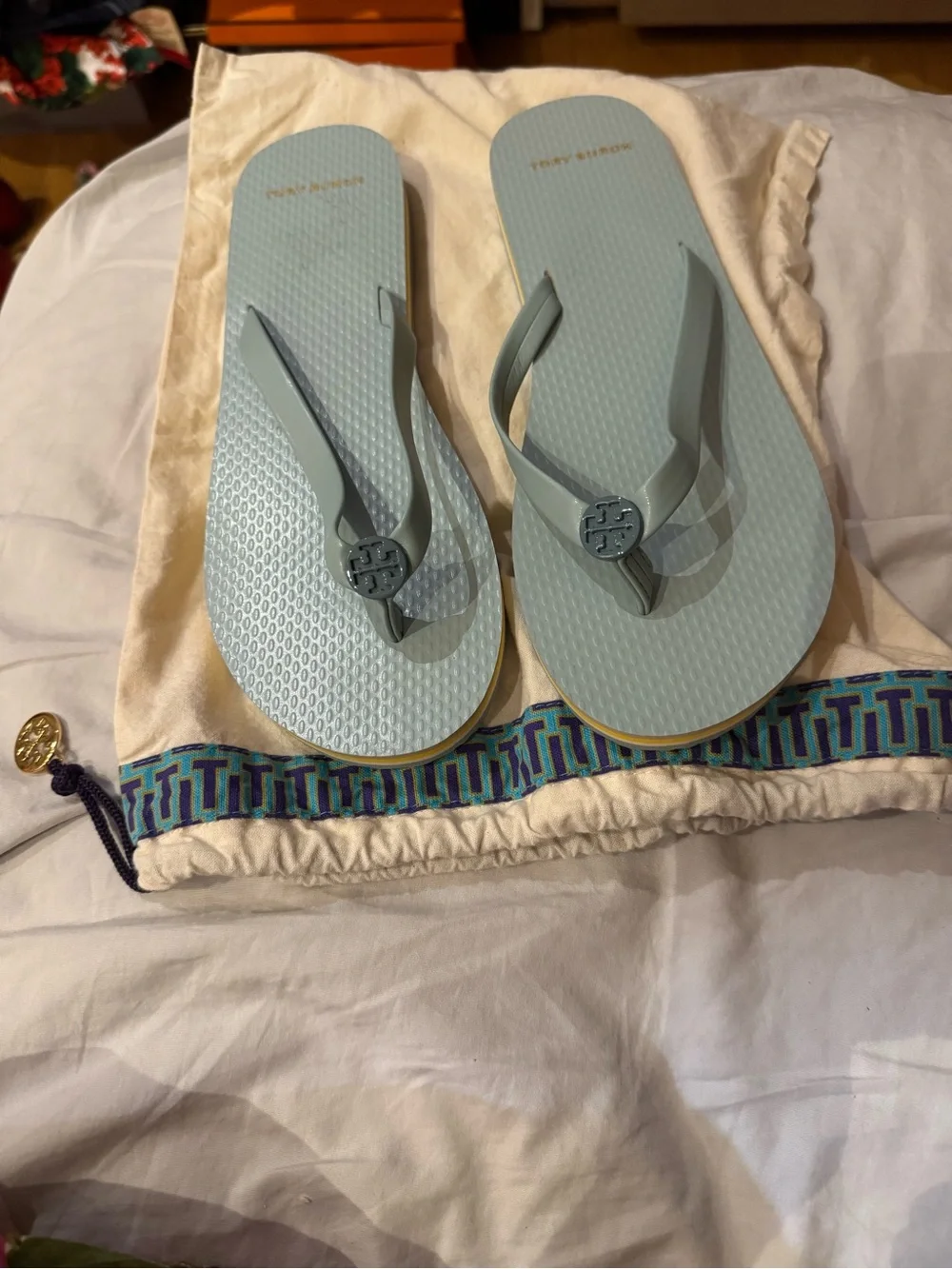 Tory Burch Pale Blue Logo Jelly Flip Flops